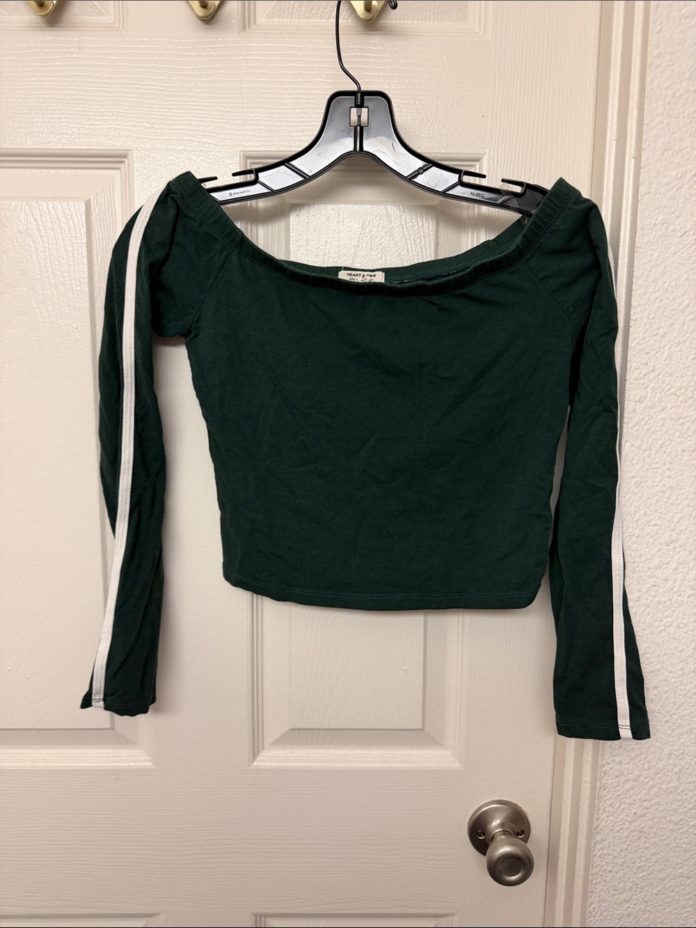 Heart Hips Dark Green Off-Shoulder Cropped Top with White Sleeve Stripes